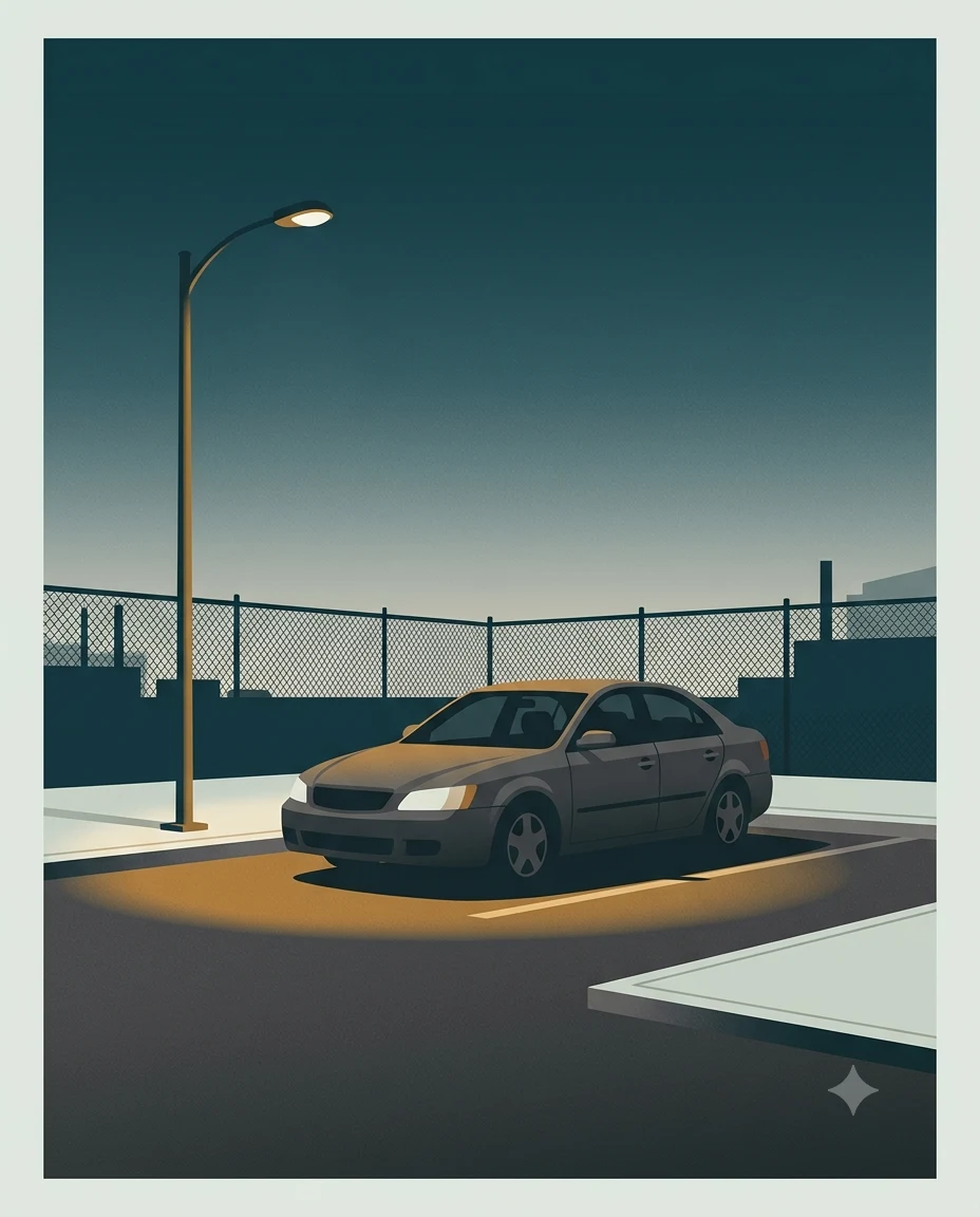 A repossessed sedan parked alone under a lamp post inside a fenced impound storage lot at night