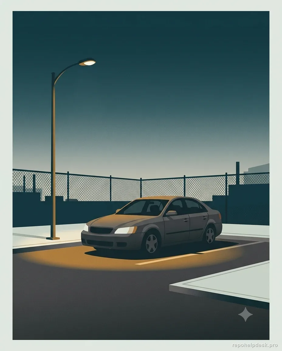 A repossessed sedan parked alone under a lamp post inside a fenced impound storage lot at night